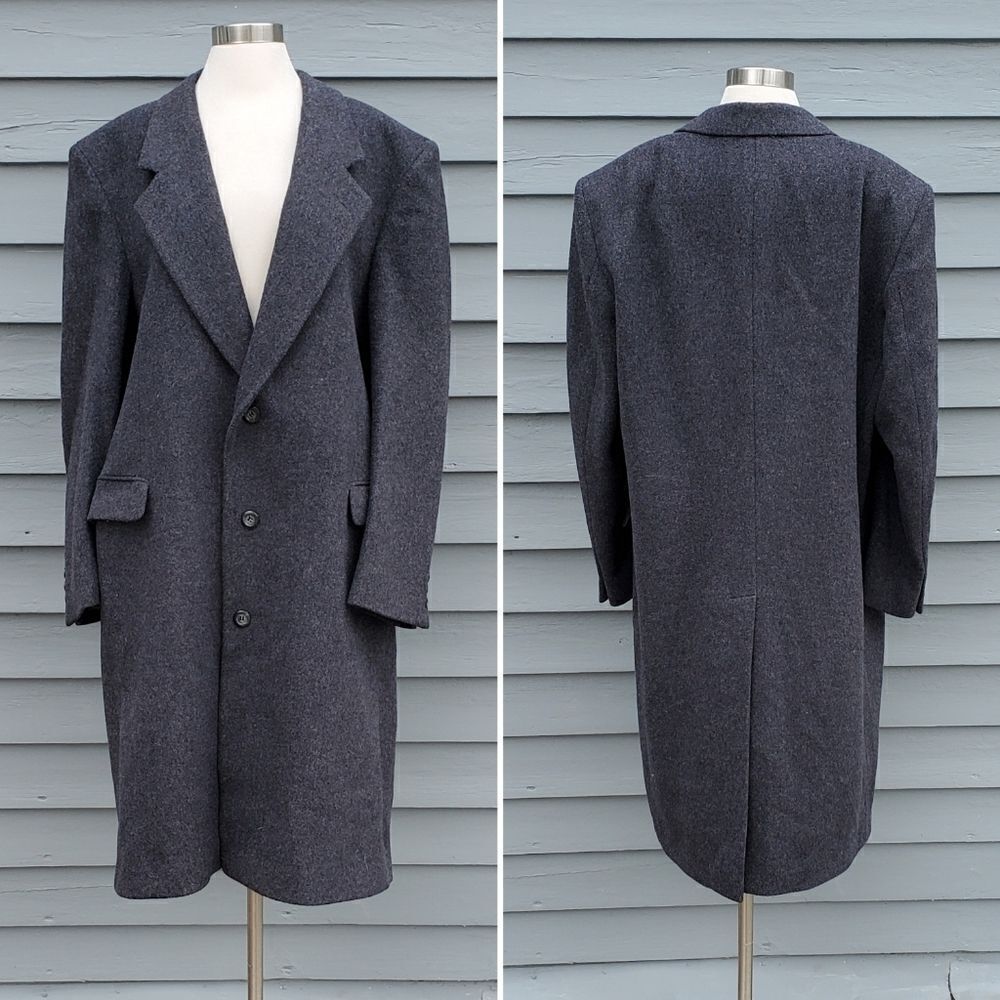 Vintage 80s‎ Retro Preppy Acadamia Charcoal Gray Wool Long Mens Trench Coat XL